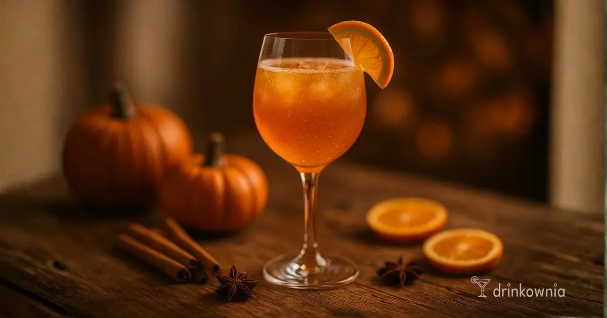 Jesienny drink Pumpkin Spritz z Prosecco i syropem dyniowym w kieliszku na drewnianym stole z dyniami i przyprawami.