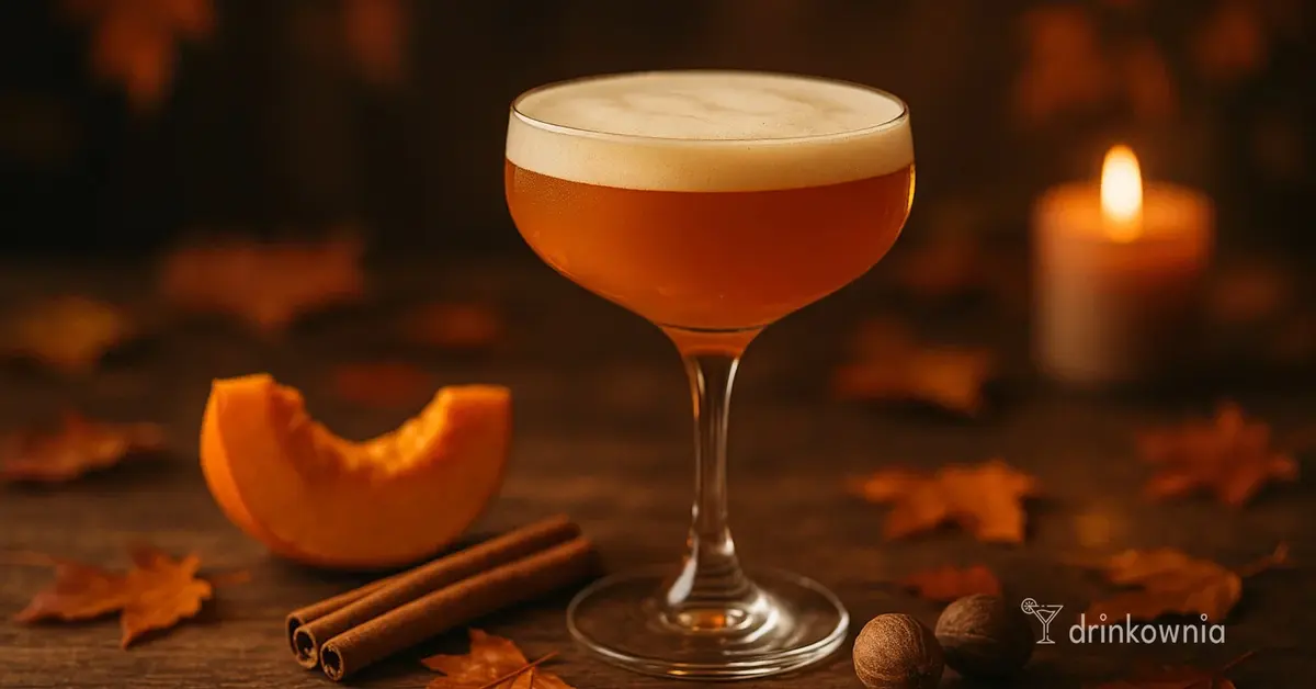 Jesienny drink Pumpkin Whisky Sour w kieliszku coupe z pianką, cynamonem i świecą w tle.