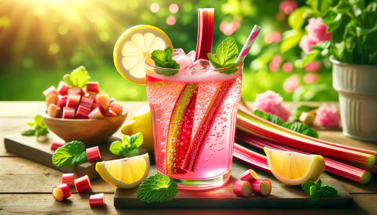 Kolorowy drink Rabarbarowy Fizz w wysokiej szklance, z rabarbarem, cytryną i miętą, idealny na wiosnę.