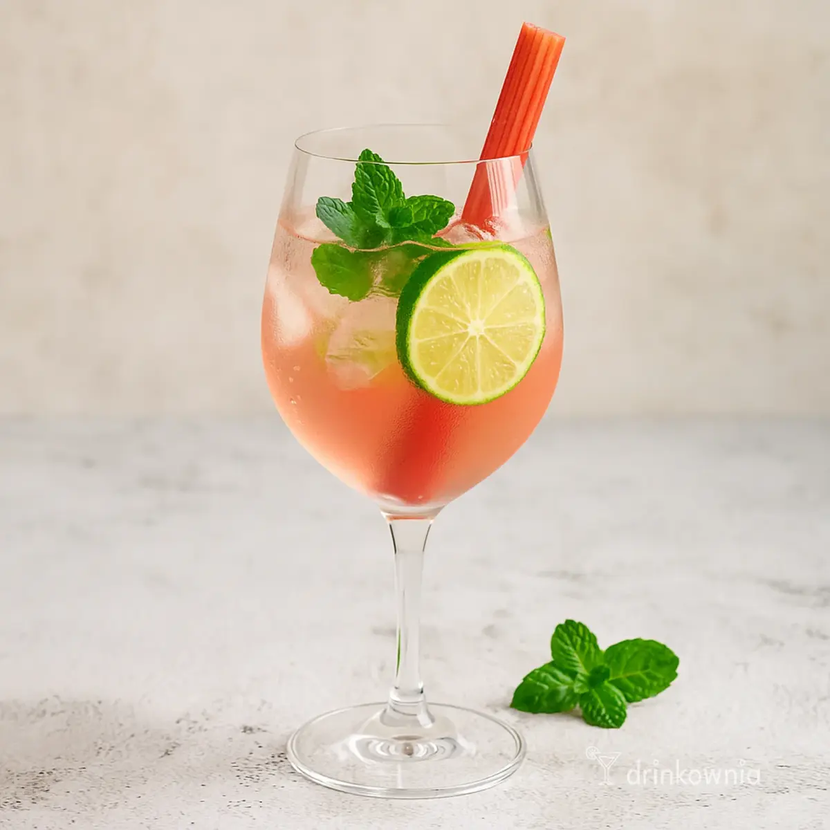 Orzeźwiający Rabarbarowy Hugo Spritz w kieliszku z miętą, limonką i lodem – idealny letni drink na grilla i majówkę.