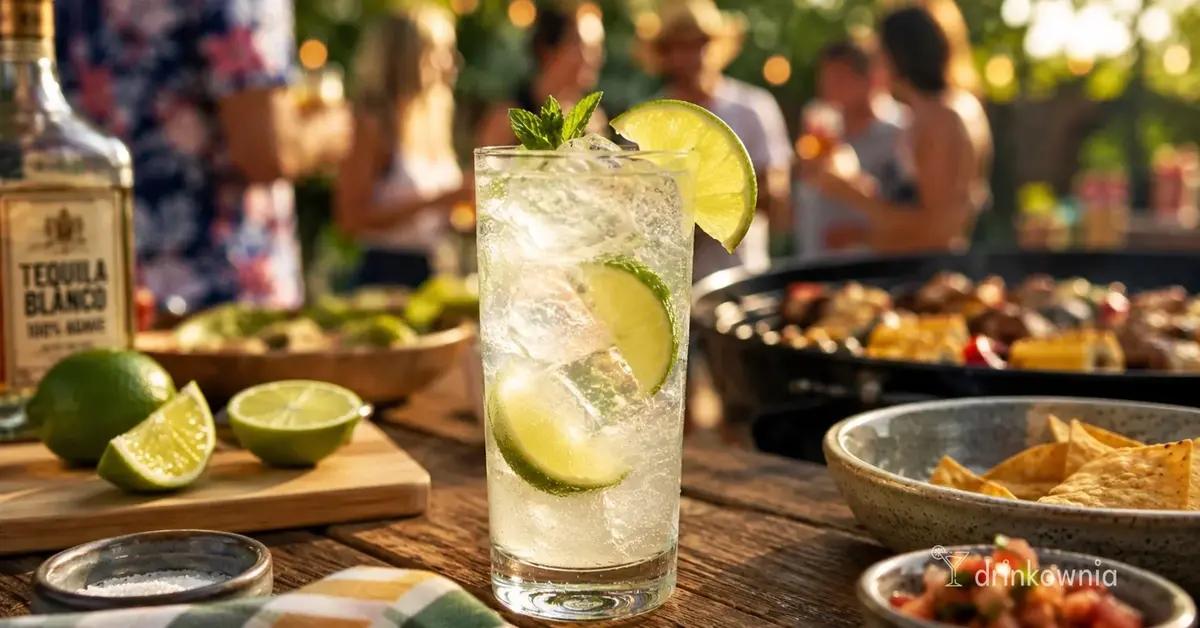 Ranch Water z tequilą, limonką i lodem na ogrodowym stole podczas letniego grilla.