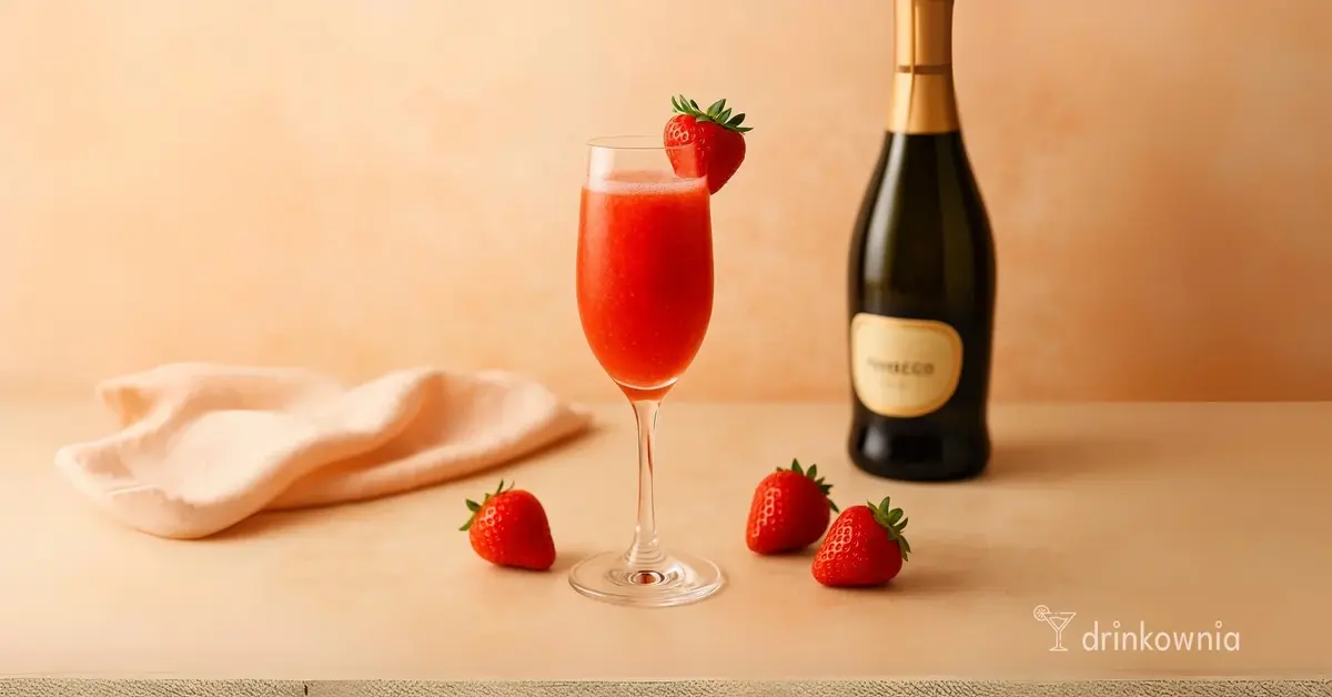 Rossini drink z prosecco i truskawkami w kieliszku flute, elegancki koktajl włoski w pastelowym, letnim otoczeniu
