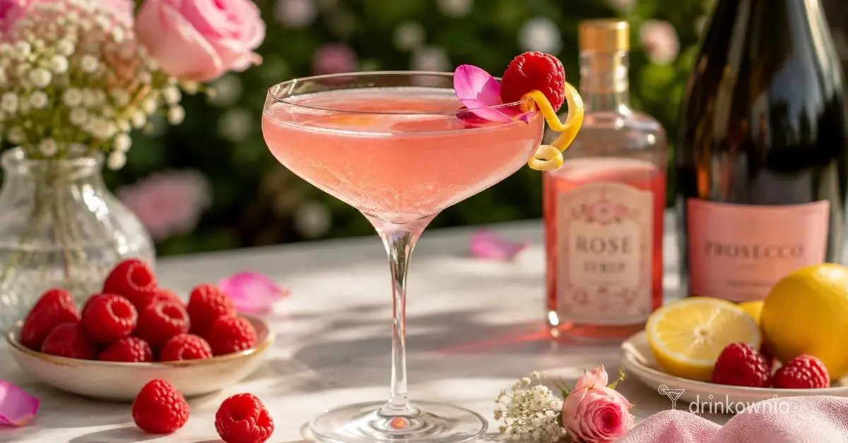 Różana Chmurka – różowy drink z ginem, prosecco, malinami i syropem różanym w kieliszku coupe