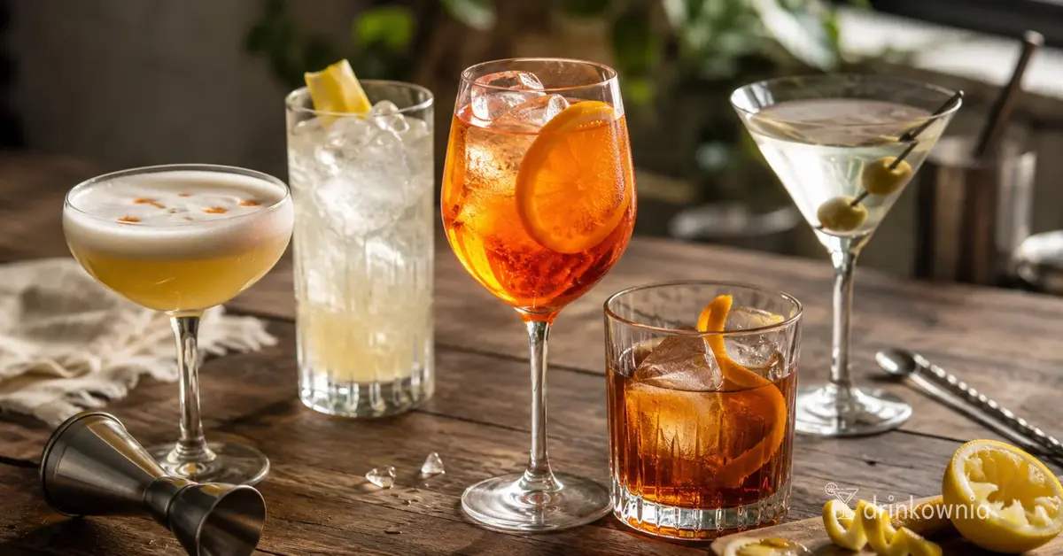 Pięć różnych koktajli na stole: Sour, Highball, Spritz, Old Fashioned i Martini