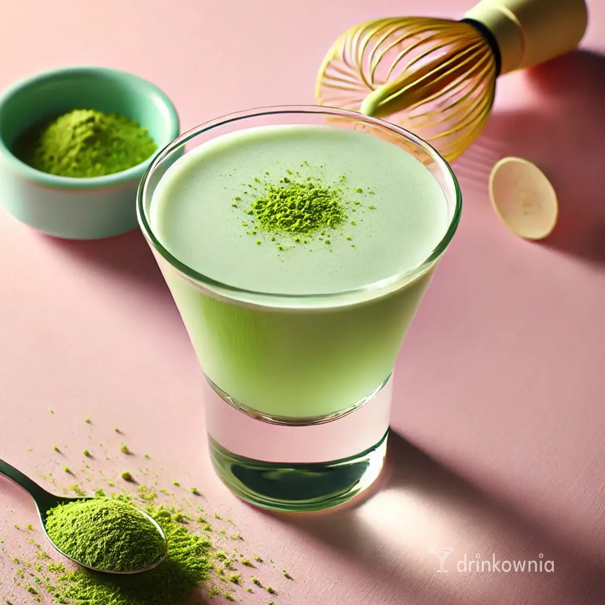 Shot Matcha Martini – kremowy, jasnozielony drink z wódką, matchą i wanilią, udekorowany pudrem matcha.