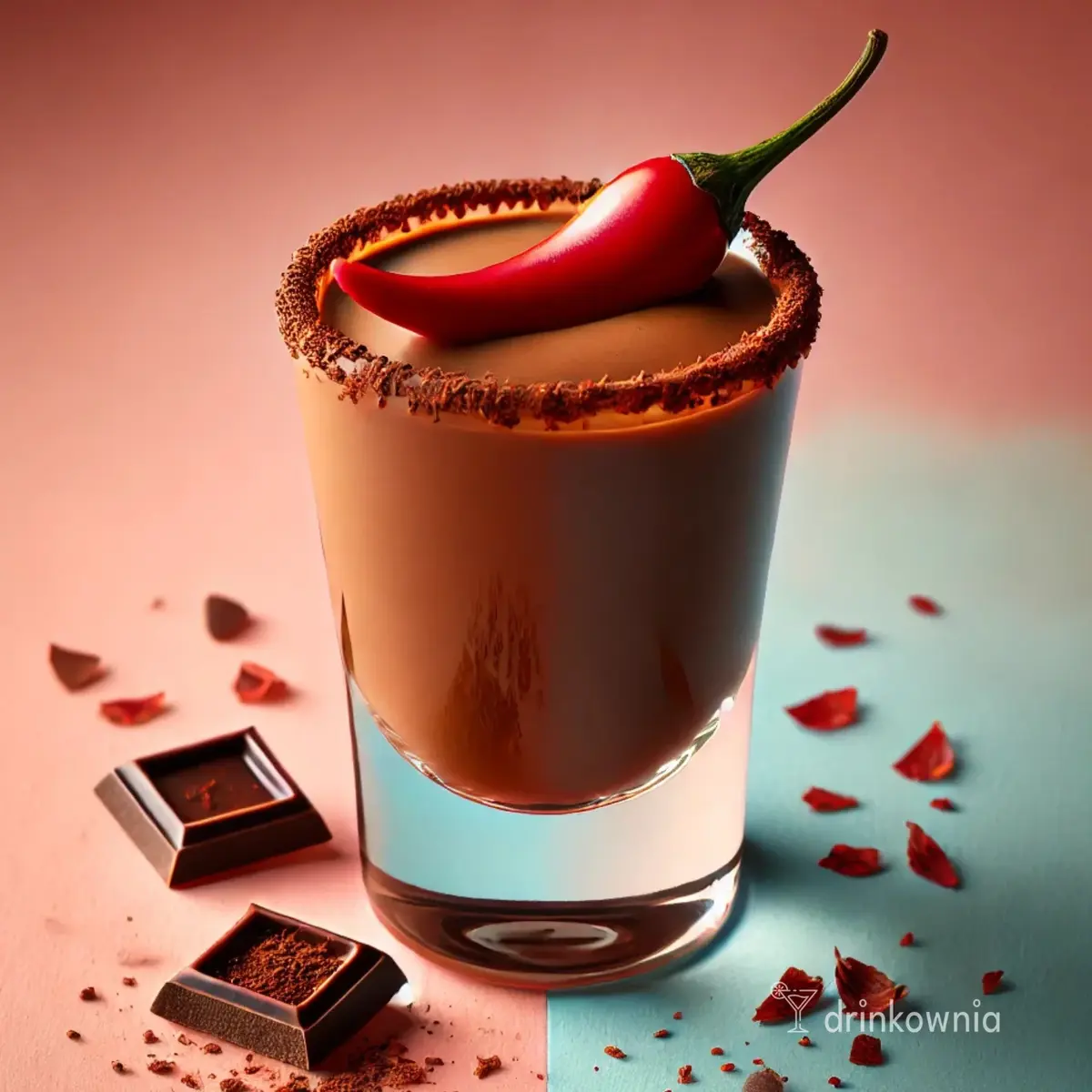 Shot Pikantna Czekolada – deserowy brązowy drink z wódką, likierem czekoladowym i chili, dekorowany wiórkami czekolady.