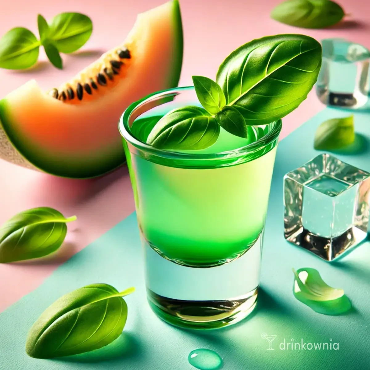 Shot Zielony Bazyliszek – jasny zielony drink z wódką, likierem melonowym i bazylią, udekorowany listkami bazylii.