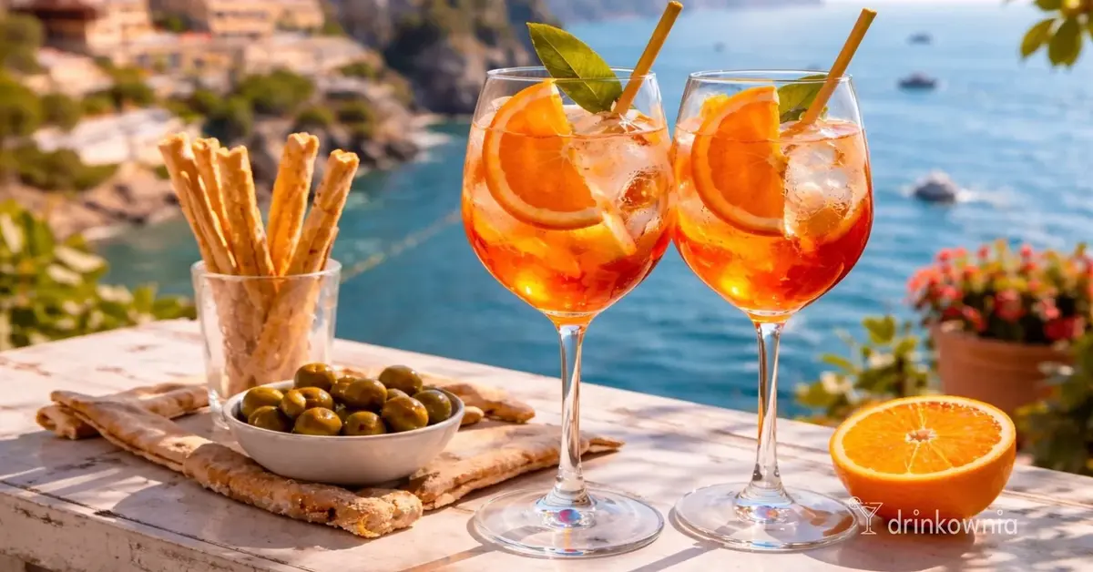 Spritz Veneziano z pomarańczą w kieliszkach na słonecznym włoskim tarasie z widokiem na morze