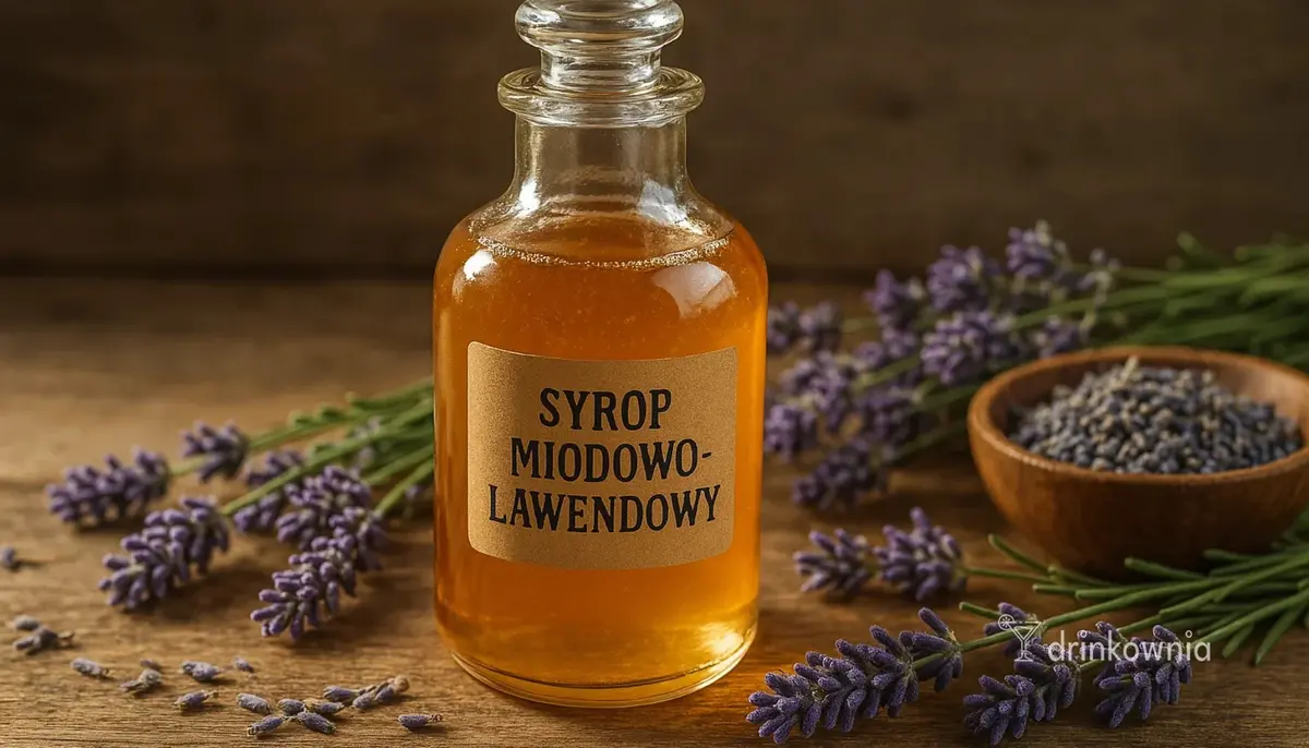 Szklana ozdobna butelka z domowym syropem miodowo-lawendowym na tle lawendy, idealny do wiosennych drinków.
