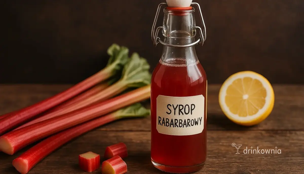 Butelka z domowym syropem rabarbarowym na tle rabarbaru i cytryny, idealna baza do wiosennych koktajli i lemoniad.