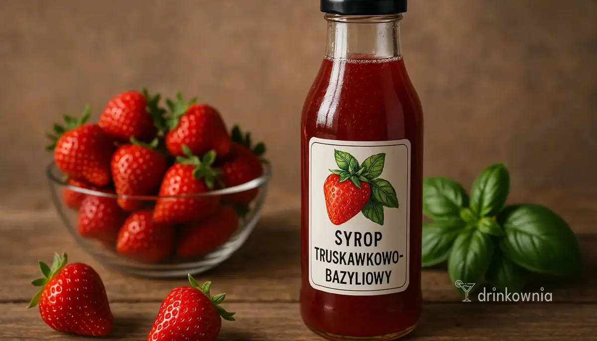 Butelka z domowym syropem truskawkowo-bazyliowym na tle truskawek i liści bazylii - idealny do wiosennych drinków.