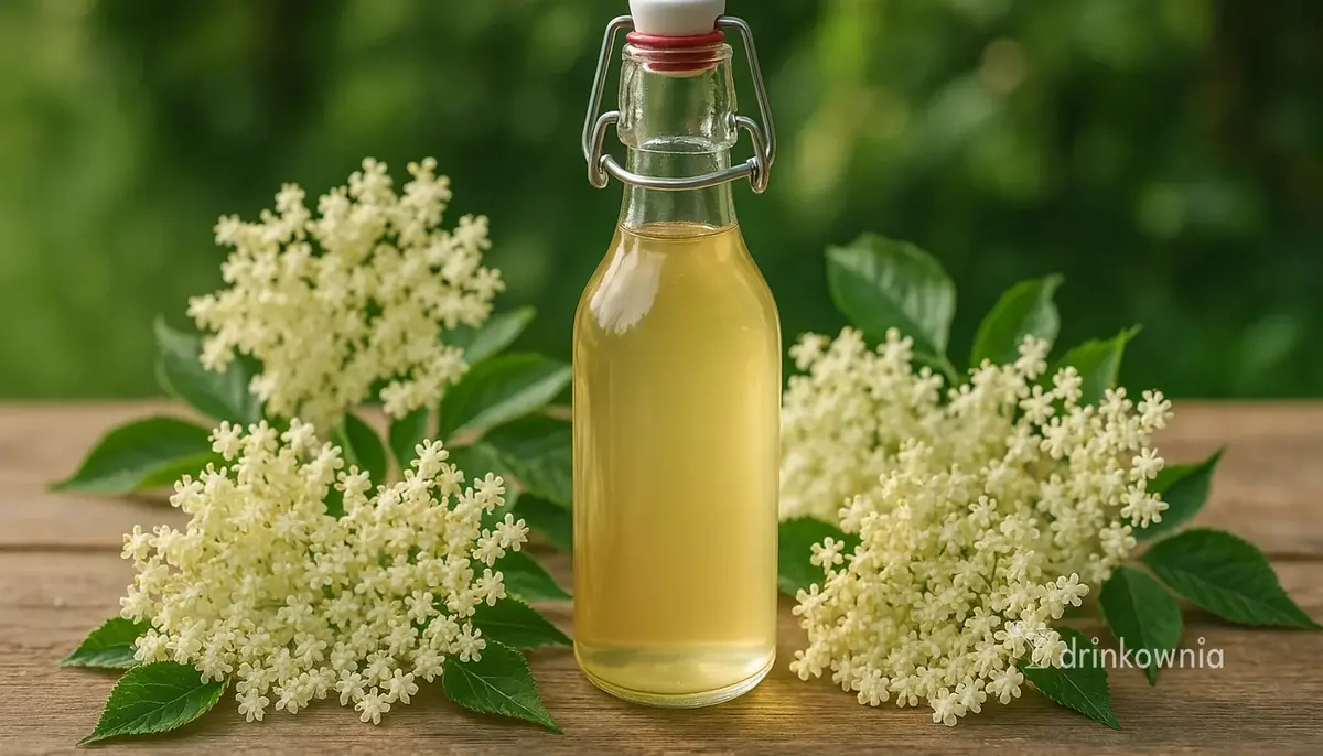 Butelka z domowym syropem z kwiatów czarnego bzu na tle świeżych baldachów bzu – delikatny dodatek do wiosennych drinków