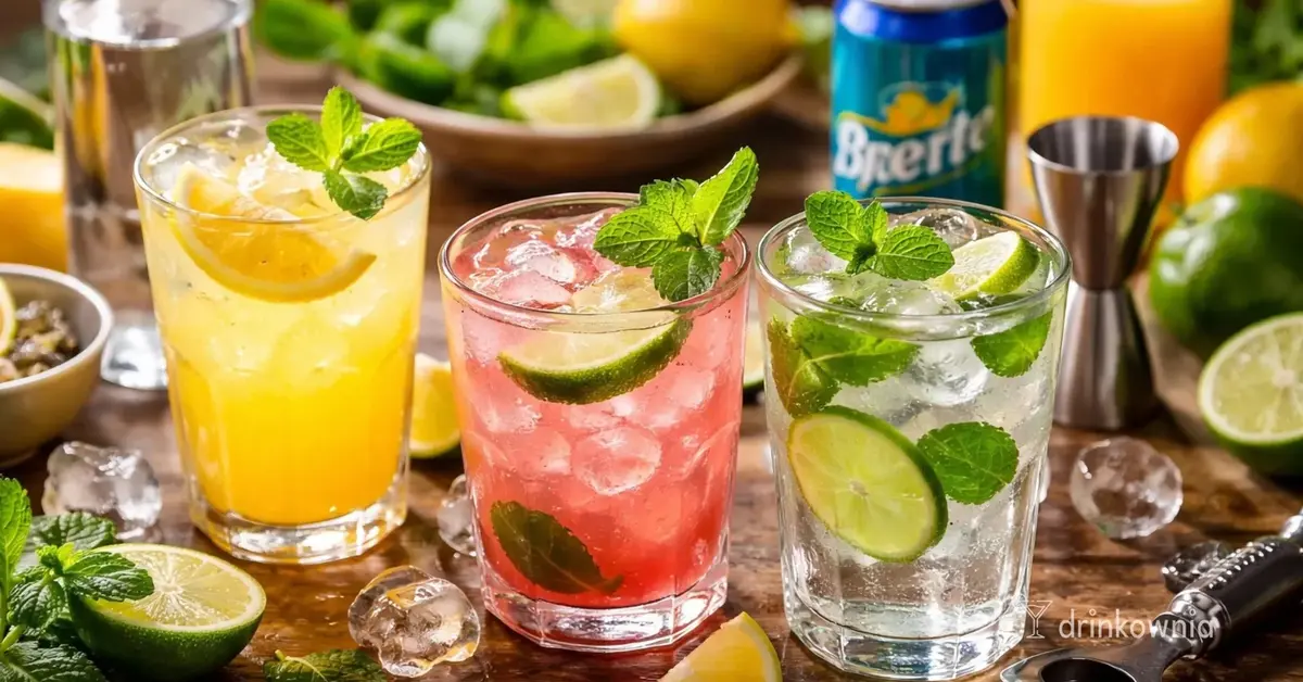Tanie drinki z 3 składników – trzy proste kolorowe drinki na domówkę, cytrusy, mięta i lód w szklankach