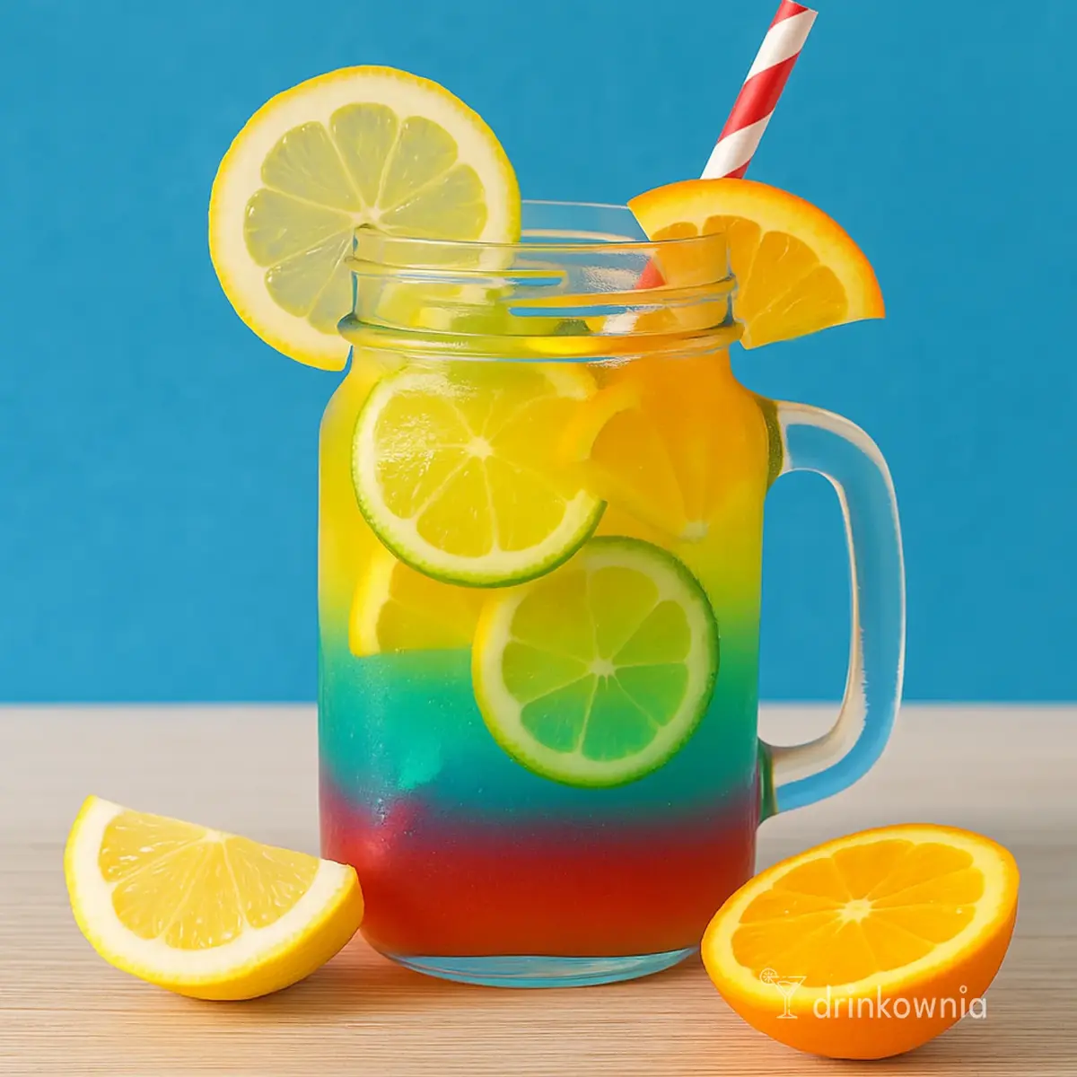 Tęczowa lemoniada w słoiku z cytrusami i kolorowymi warstwami, idealny bezalkoholowy drink na Dzień Dziecka.