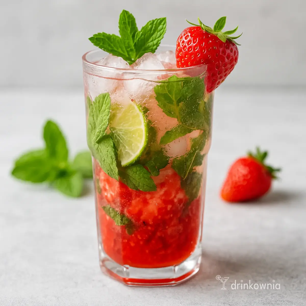 Truskawkowe Mojito z miętą, limonką i kruszonym lodem w wysokiej szklance – idealny orzeźwiający drink na majówkę.