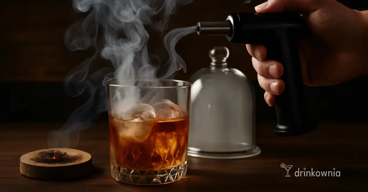 Wędzony drink w szklance z dymem i pistoletem do wędzenia – technika wędzenia koktajli w domu, efektowny sposób podania.