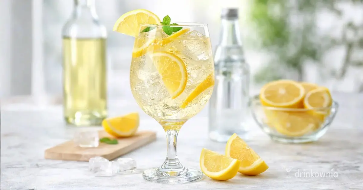 Wino z wodą gazowaną i cytryną w kieliszku z lodem – prosty, orzeźwiający drink idealny na lato.