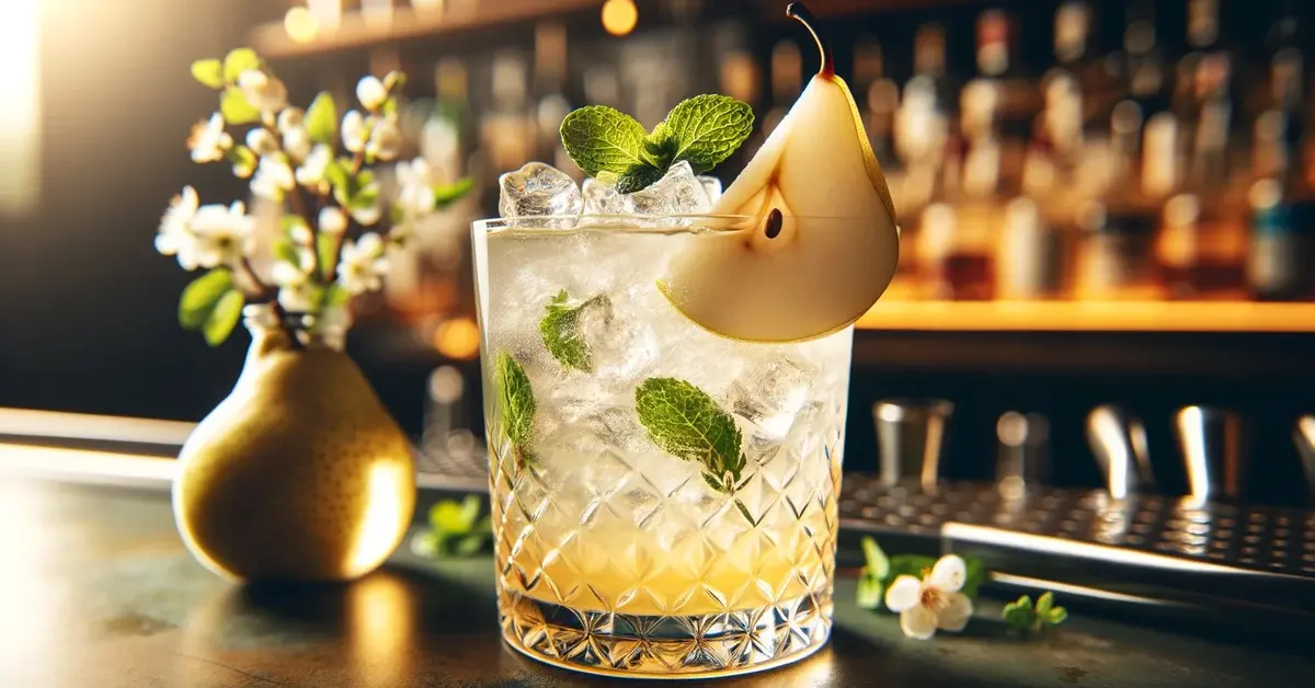 Wiosenny drink gruszkowy z miętą i lodem w szklance lowball, świeże kwiaty, elegancki napój.