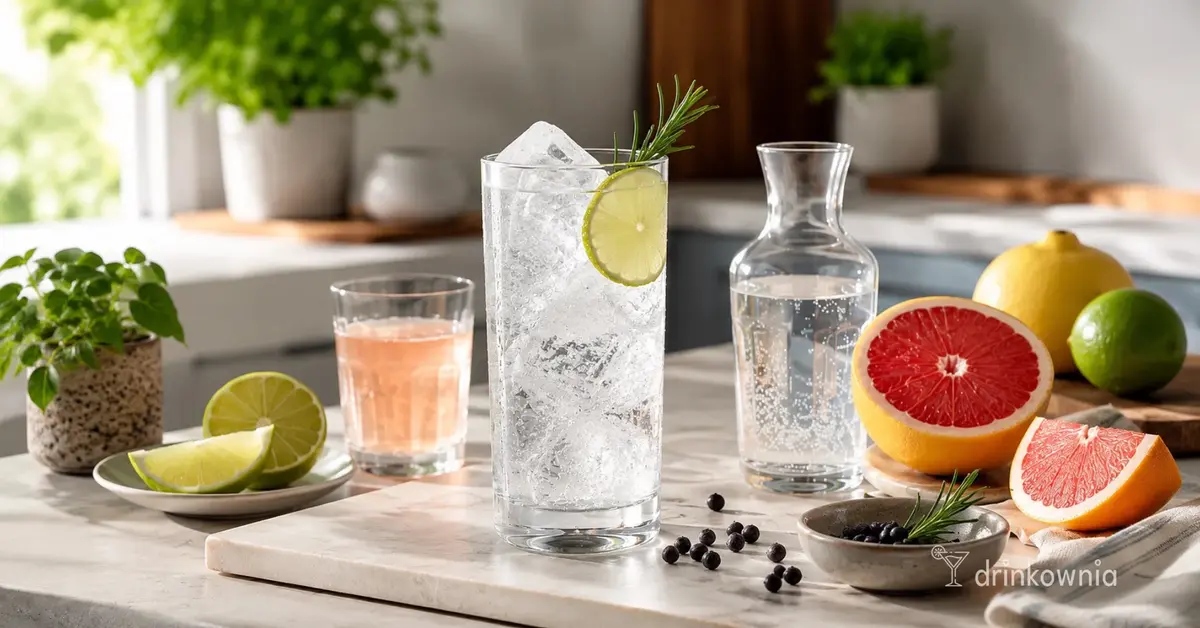 Jasny drink z ginem, lodem i limonką obok cytrusów, jałowca i karafki z wodą gazowaną.
