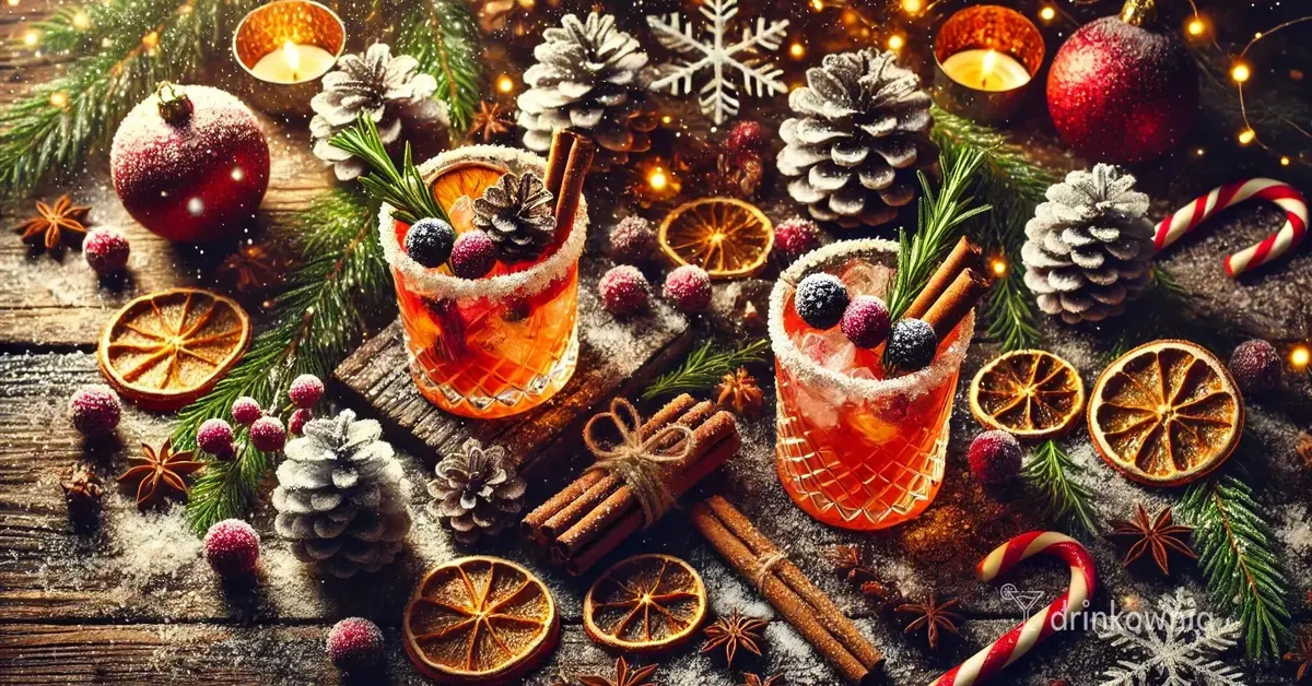 Zimowe drinki i koktajle z rozmarynem, żurawiną i laską cynamonu, w szklankach lowball, otoczone suszonymi pomarańczami.
