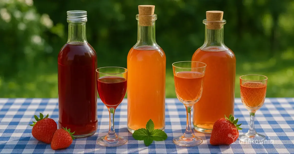 Trzy butelki domowej nalewki truskawkowej: klasycznej, z miętą i z cytryną, na obrusie w kratkę, w ogrodzie.