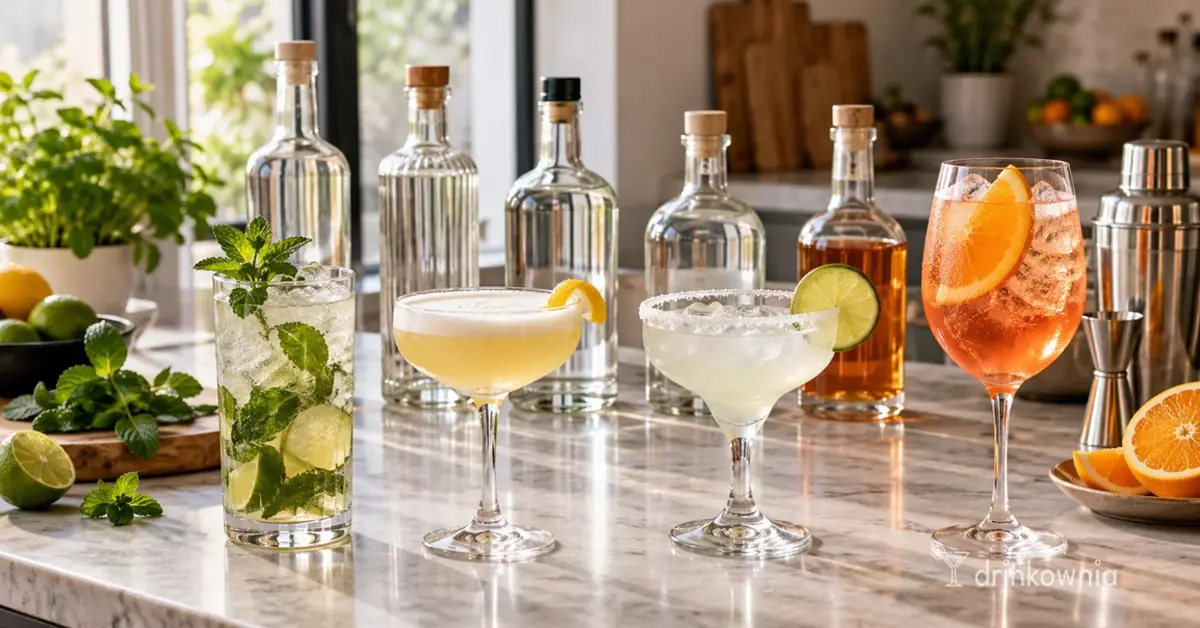 Minimalistyczny domowy barek z pięcioma butelkami alkoholu i różnymi drinkami.