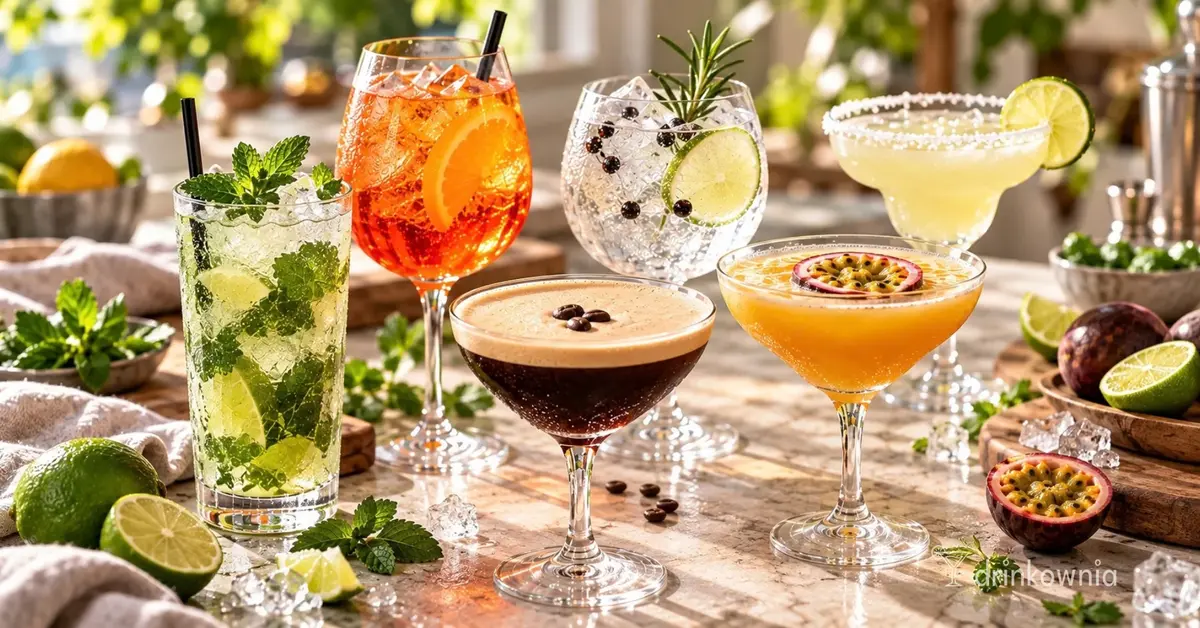Popularne koktajle na jasnym stole: Mojito, Spritz, Gin & Tonic, Margarita, Espresso Martini i Pornstar Martini