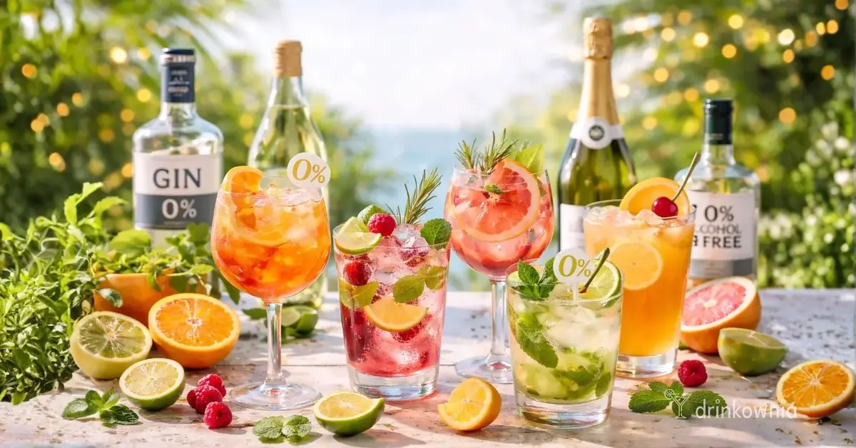 Kolorowe drinki bezalkoholowe z lodem i cytrusami, w tle butelki ginu 0% i wina musującego 0%.