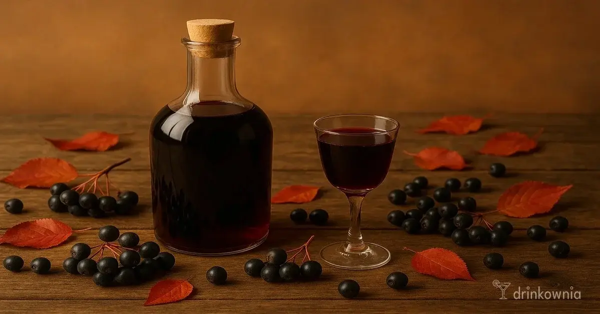 Butelka i kieliszek nalewki z aronii na drewnianym stole, otoczone świeżymi owocami i jesiennymi liśćmi.