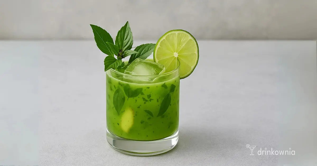 Bazyliowy Orzeźwiacz – zielony drink bezalkoholowy z bazylią i limonką na stole w naturalnym świetle