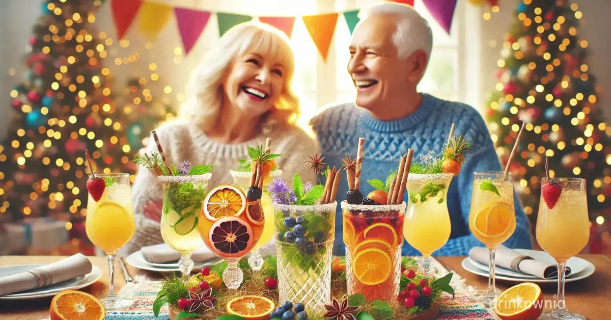 Scena świętowania Dnia Babci i Dziadka, stół z bezalkoholowymi drinkami, w tle uśmiechnięci babcia i dziadek.