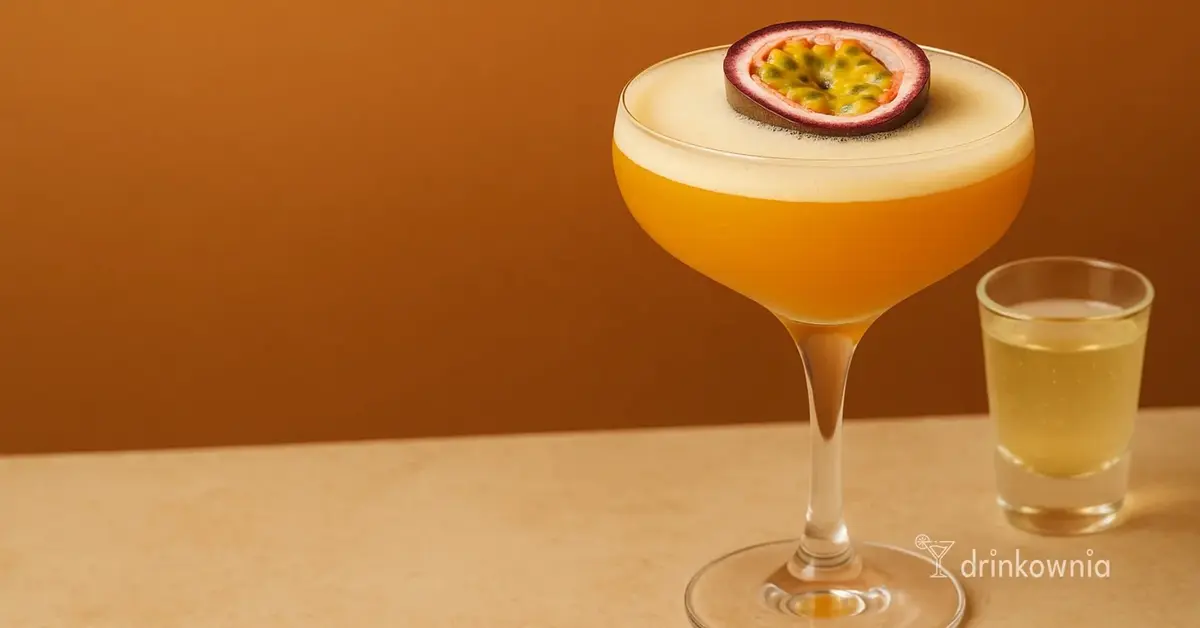 Bezalkoholowe Pornstar Martini z marakują w kieliszku coupe i shotem lemoniady, egzotyczny mocktail bez alkoholu.