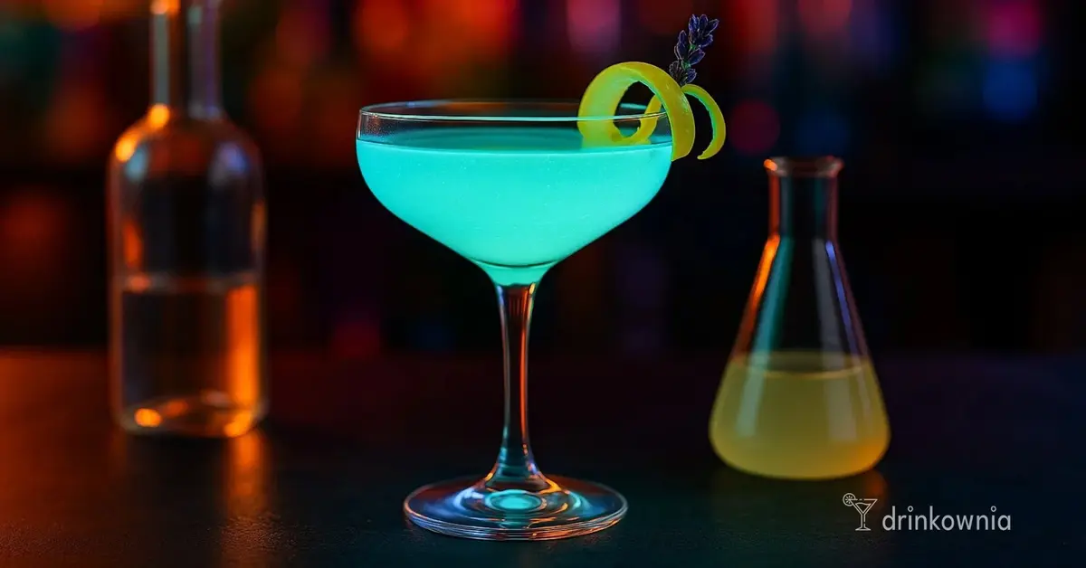 Świecący w ciemności niebieski koktajl Blask Curie w kieliszku coupe, kolorowe tło, szkło laboratoryjne.