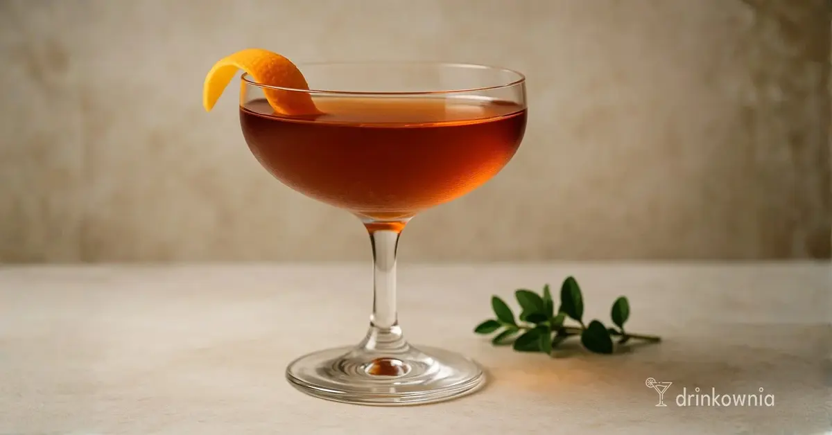 Bushwick w kieliszku coupe – bursztynowy koktajl z whisky, Cynarem i wermutem, ozdobiony skórką pomarańczy.