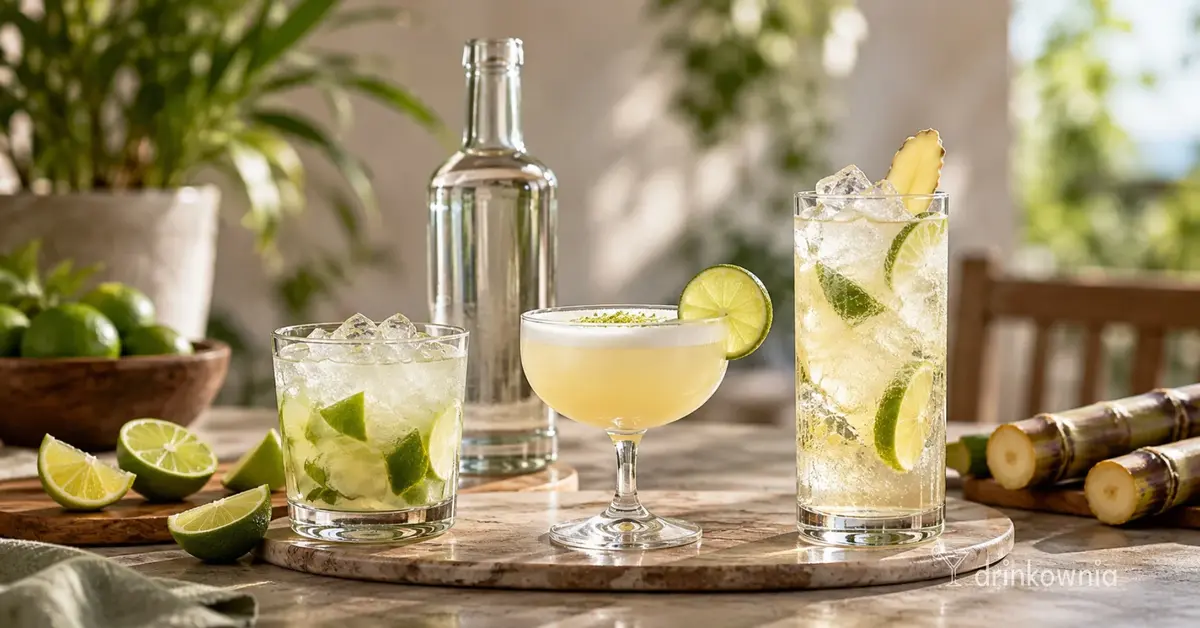 Butelka cachaçy z Caipirinhą, cytrusowym sour i wysokim drinkiem z limonką i imbirem