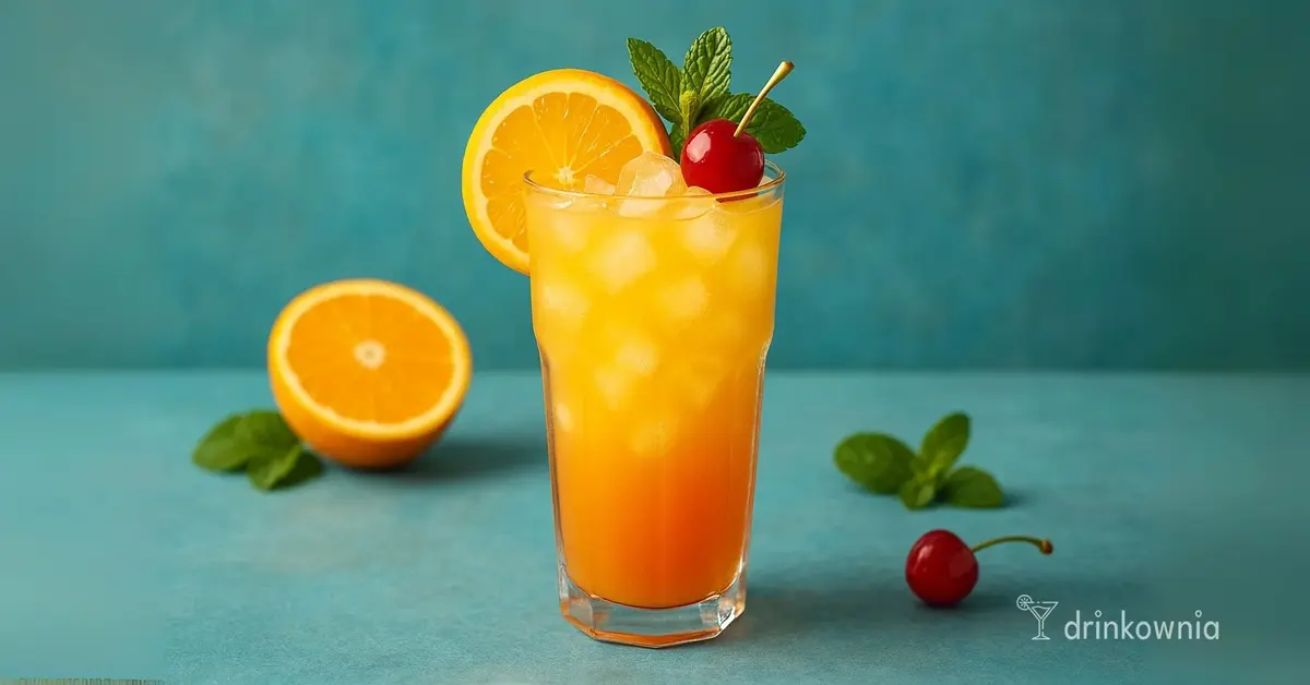 Drink Cinderella w wysokiej szklance z lodem, sokiem pomarańczowym i ananasowym, dekorowany pomarańczą, miętą i wisienką