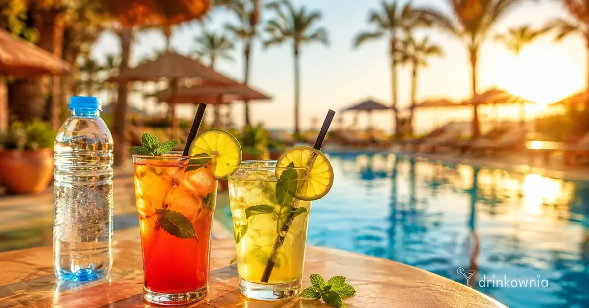 Drinki i woda butelkowana przy hotelowym basenie w Egipcie