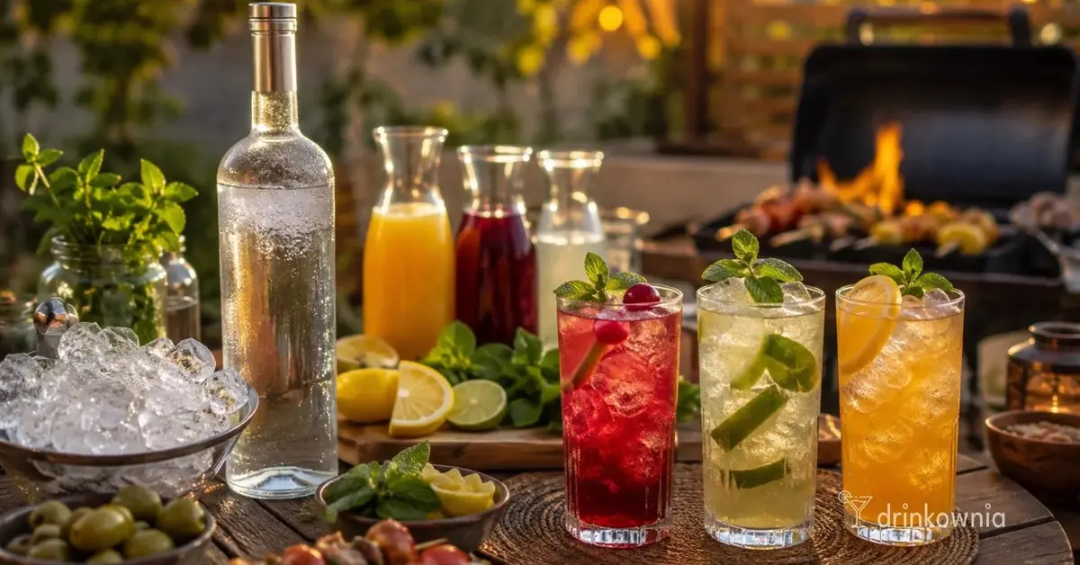 Domówka przy grillu z wódką, sokami, lodem, cytrusami i prostymi drinkami na stole