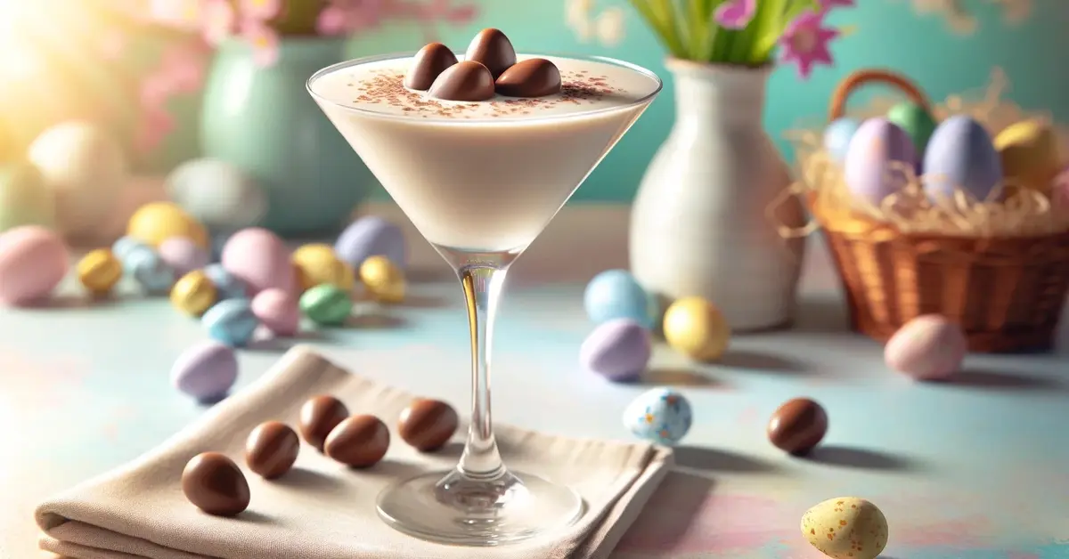 Wielkanocny drink deserowy w kieliszku martini, czekoladowe jajka wielkanocne na wierzchu, drink z wódką i adwokatem.