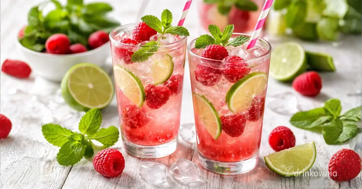 Drink z maliną i limonką w szklance z lodem, świeże owoce, orzeźwiający koktajl idealny na letni wieczór, gotowy w 3 min