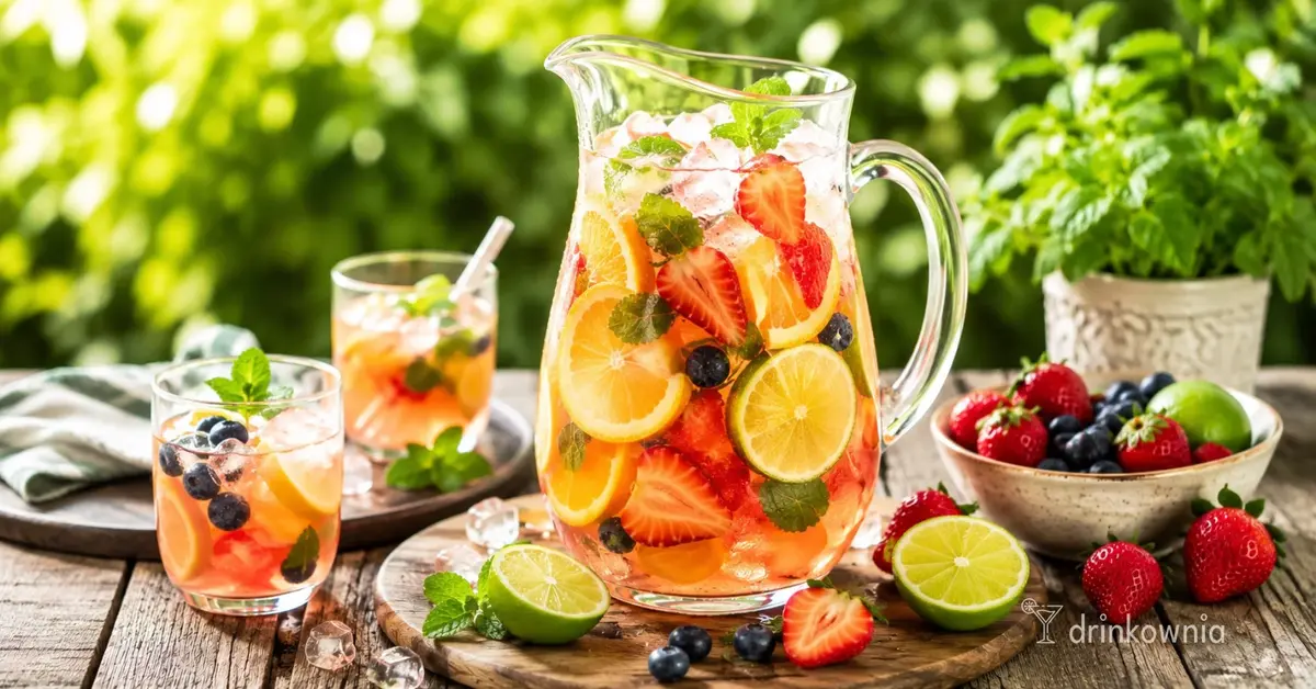 Szklany dzbanek z owocowym drinkiem, cytrusami, truskawkami, borówkami, miętą i lodem na drewnianym stole