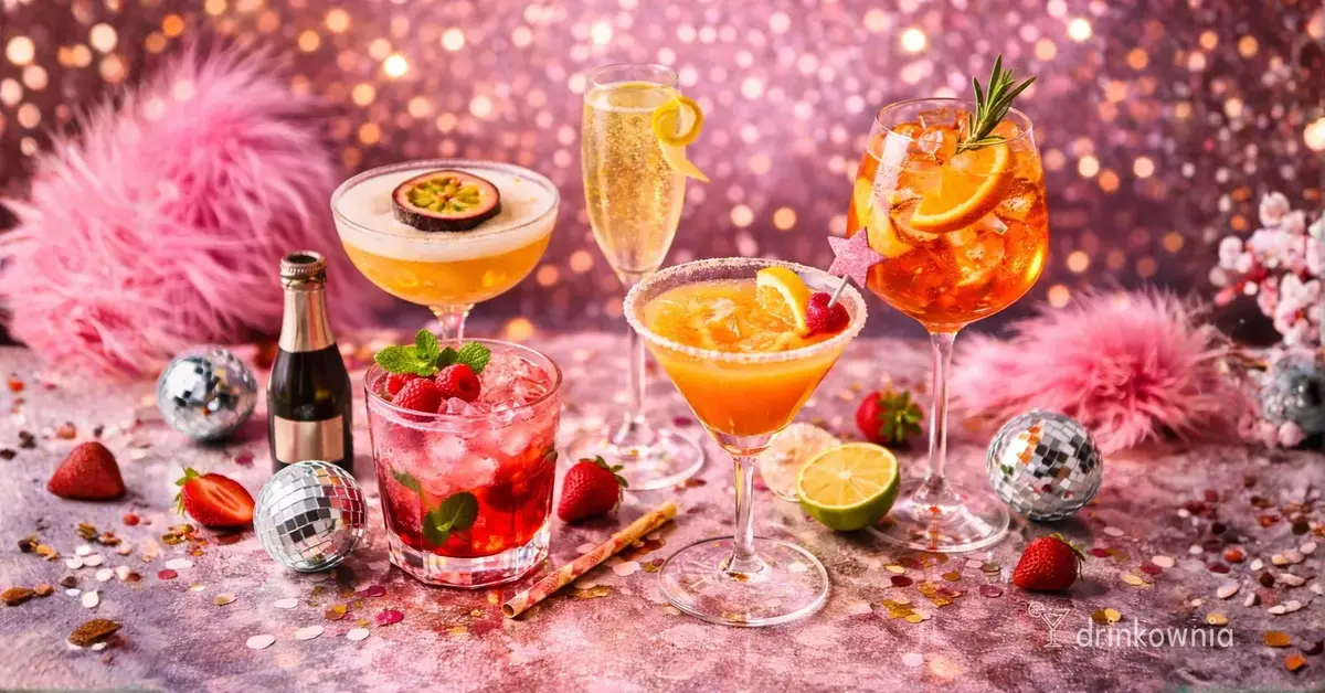 Kolorowe drinki na wieczór panieński z owocami i lodem, eleganckie szkło, brokatowy klimat i kolorowe dekoracje.