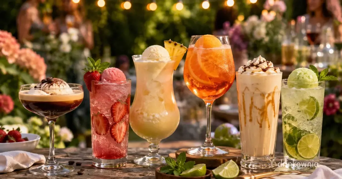 Kolorowe drinki z lodami i sorbetem ustawione na stole podczas letniego garden party, w tym kawowy koktajl z lodami.