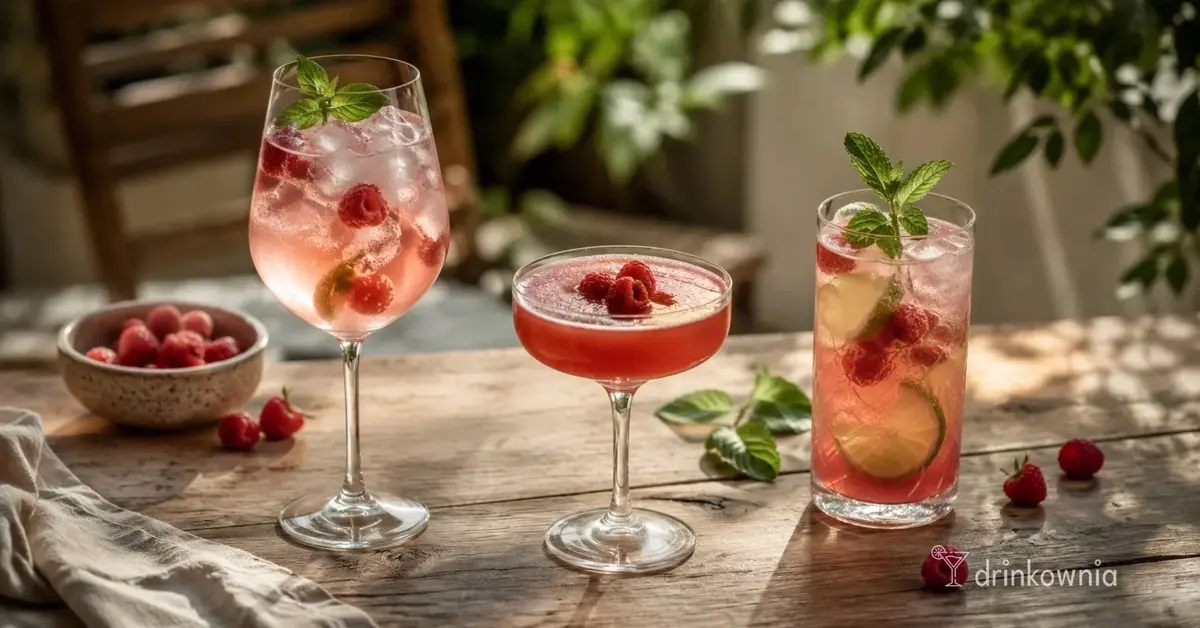 Trzy różne drinki z malinami podane w kieliszku coupe, szklance highball i kieliszku do wina.
