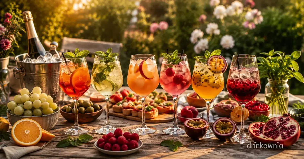Lekkie drinki z prosecco na letnim stole w ogrodzie
