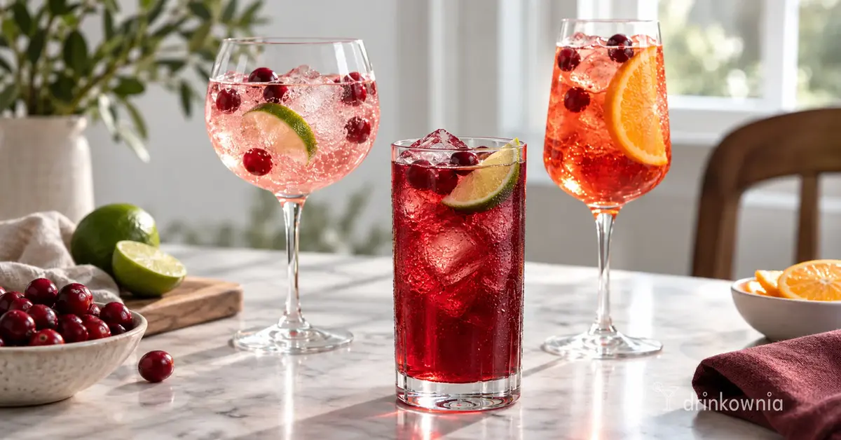 Trzy proste drinki z sokiem żurawinowym z limonką, pomarańczą i lodem na jasnym stole