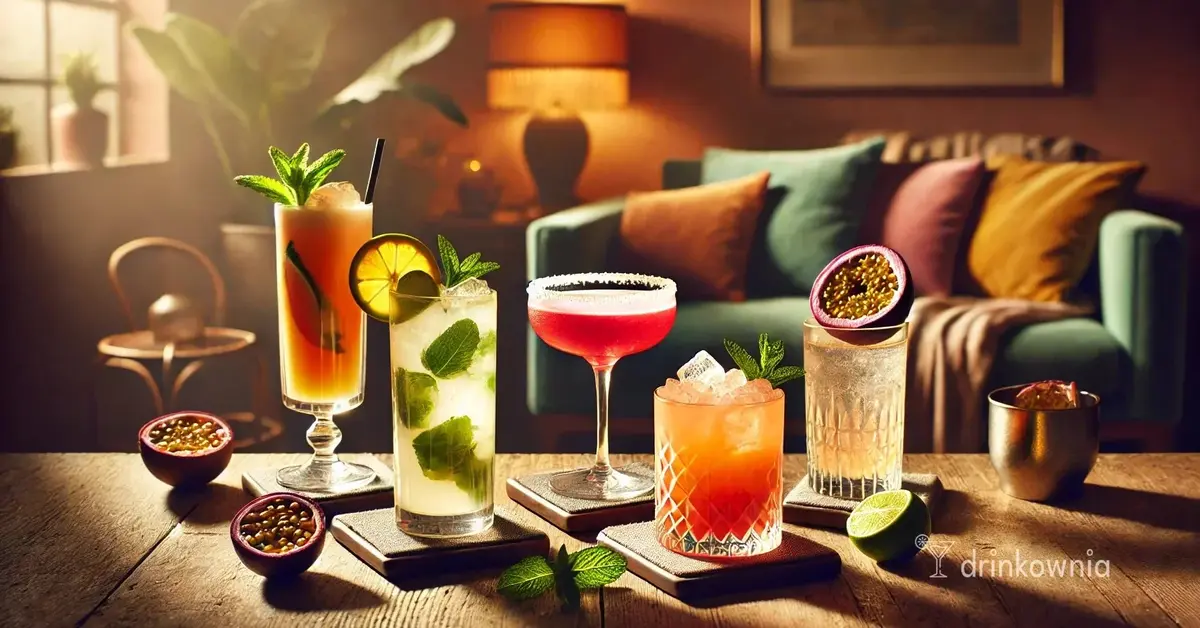 Cztery kolorowe bezalkoholowe drinki prosto z domówki, w domowym otoczeniu, idealne na Dry January, trzeźwy styczeń.