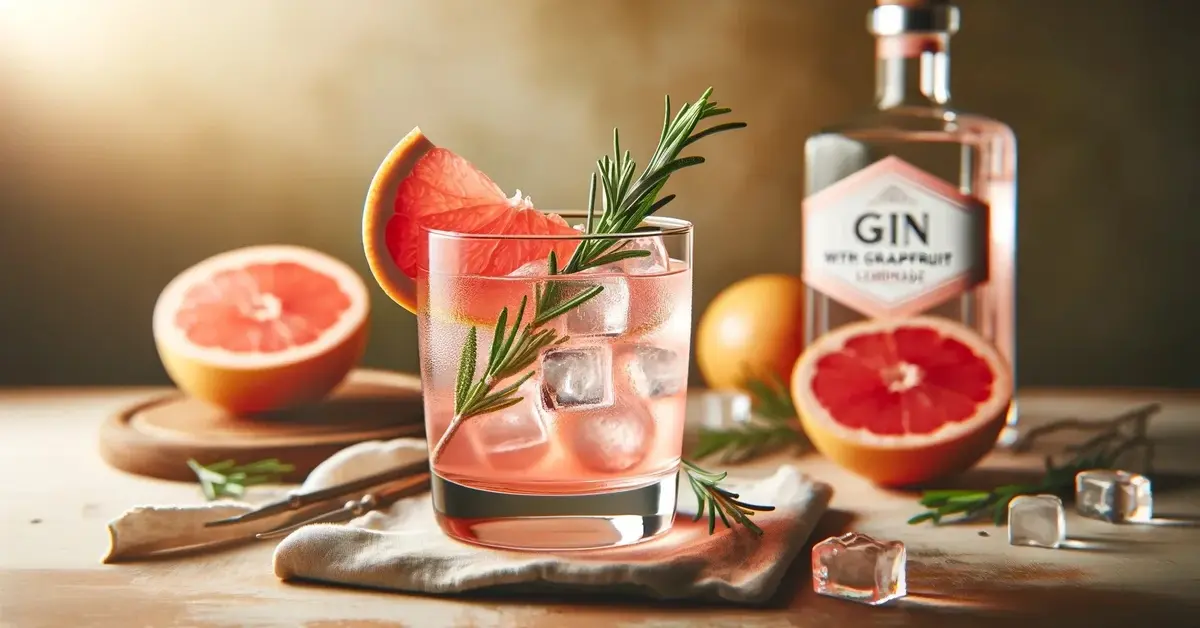 Gin z lemoniadą grejpfrutową ozdobiony plastrem grejpfruta i gałązką rozmarynu.