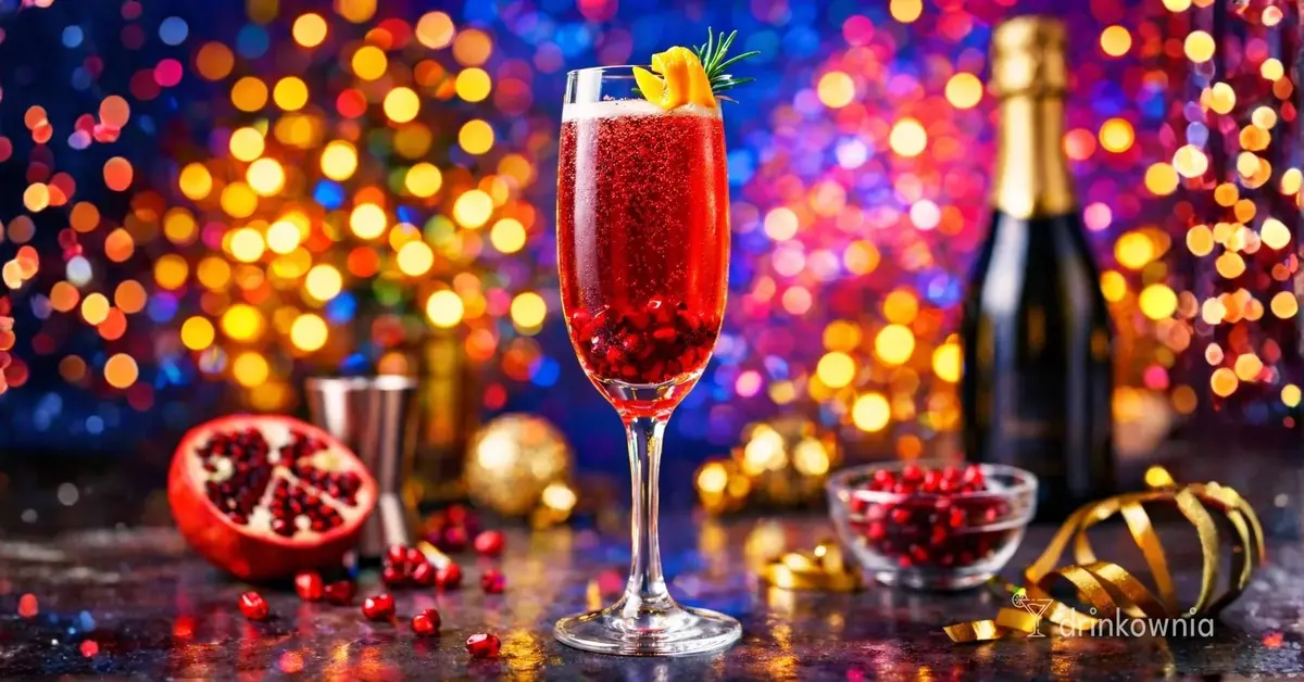 Kieliszek eleganckiego drinka Granatowy Royale z granatem i bąbelkami na świątecznym, sylwestrowym tle