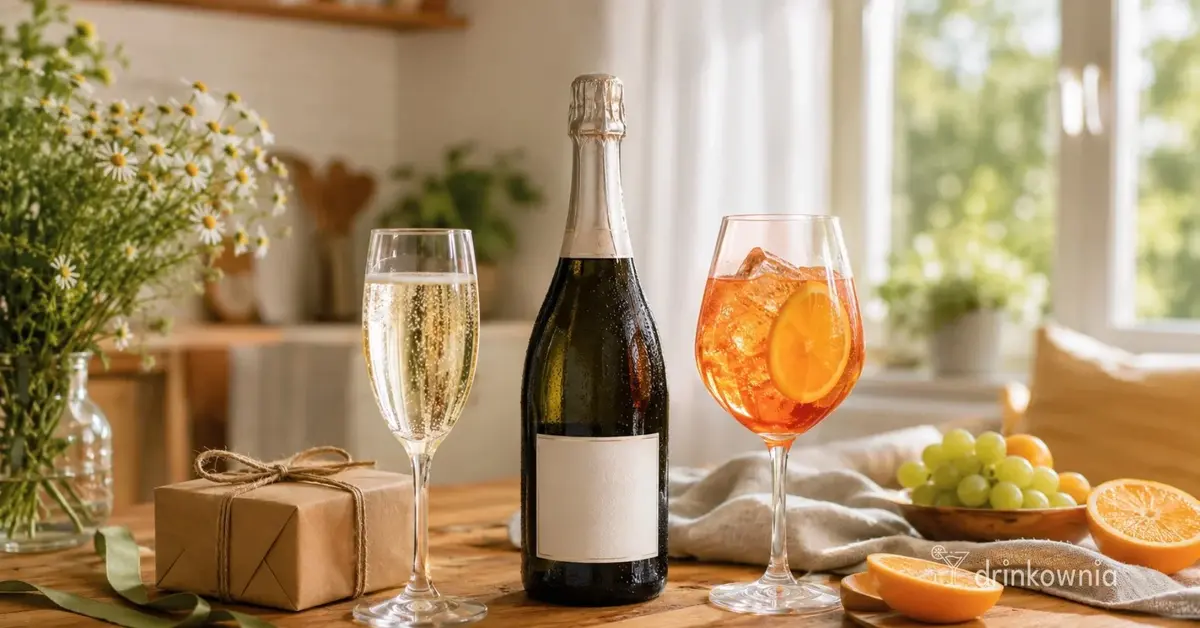 Butelka prosecco, kieliszek wina musującego i pomarańczowy drink typu Spritz na domowym stole z prezentem, winogronami.
